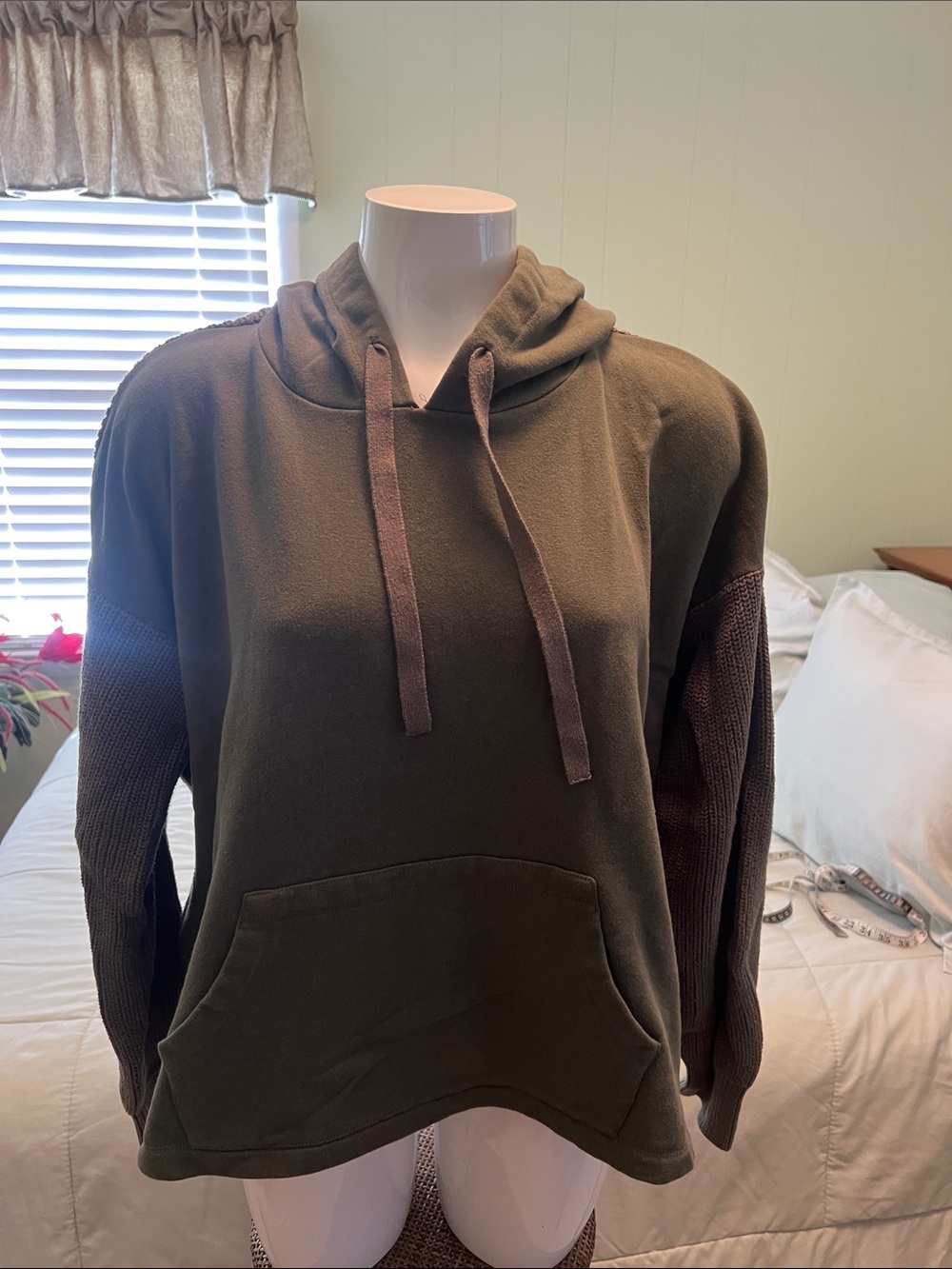 Time and Tru Olive Hoodie with Knit Sleeve Detail